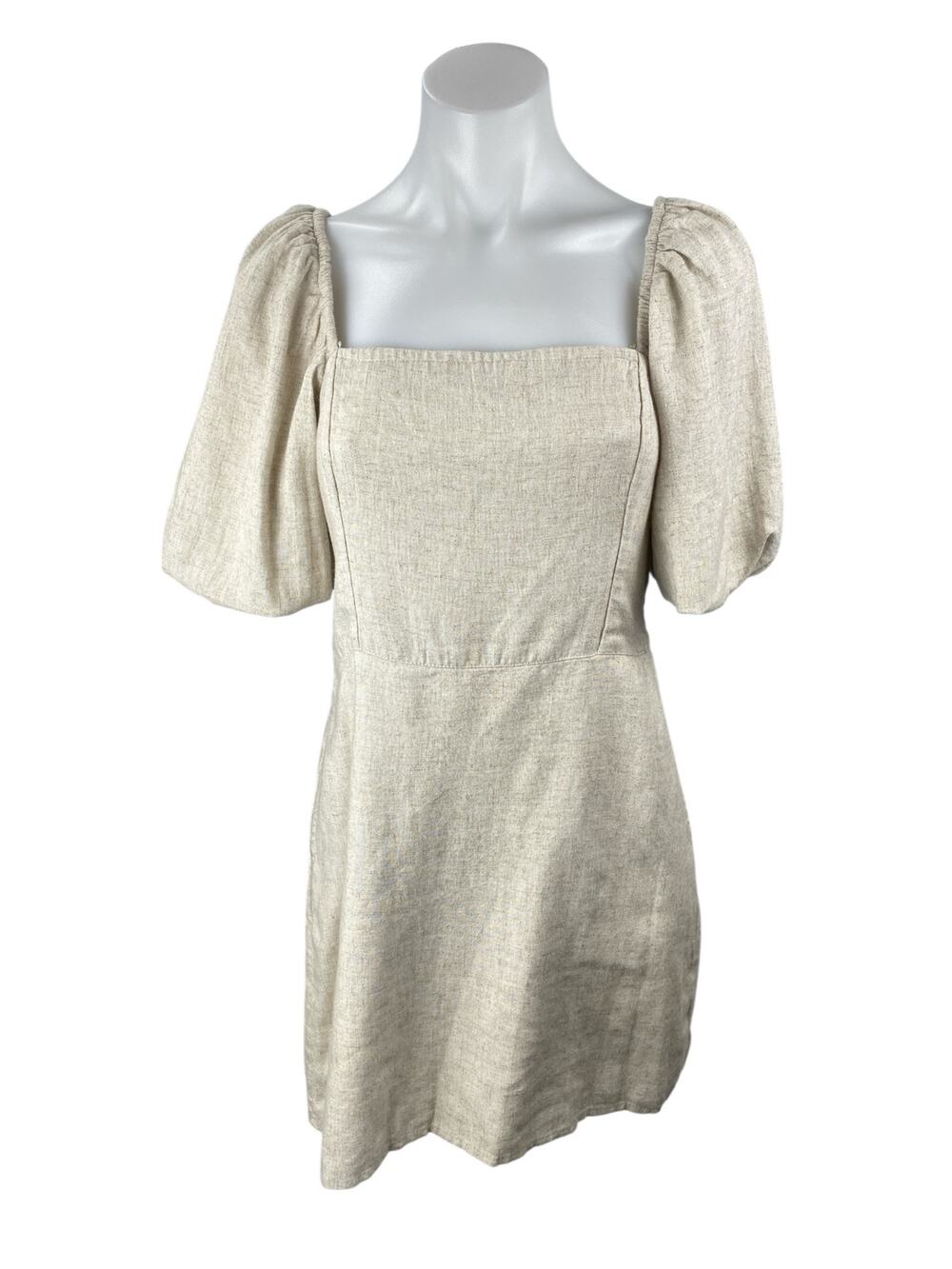 Abercrombie & Fitch Beige Linen Short Puff Sleeve Square Neck ALine Mini Dress S